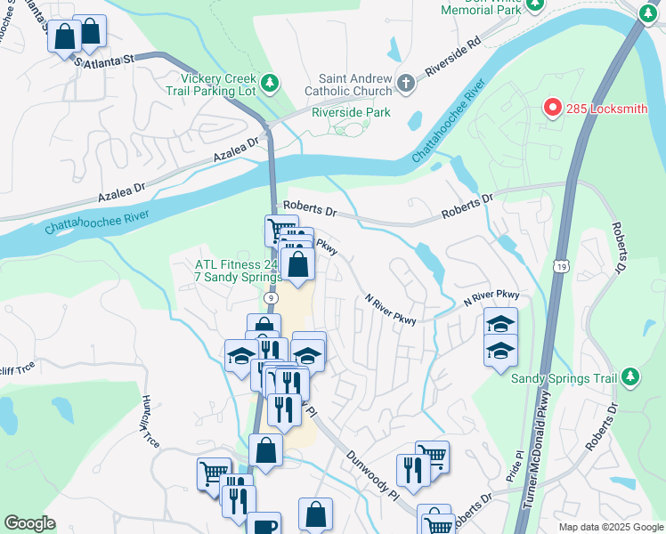 map of restaurants, bars, coffee shops, grocery stores, and more near 355 Winding River Drive in Atlanta