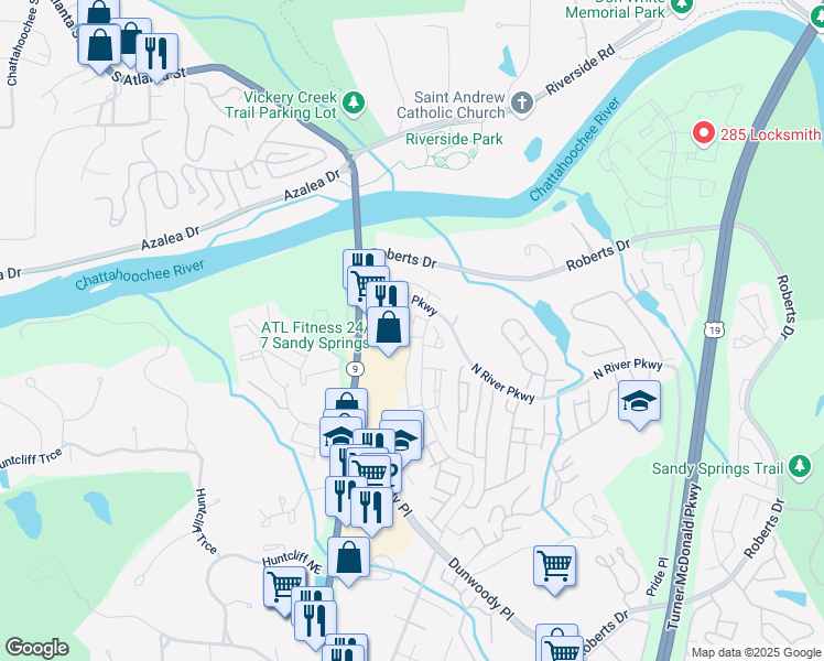 map of restaurants, bars, coffee shops, grocery stores, and more near 355 Winding River Drive in Atlanta