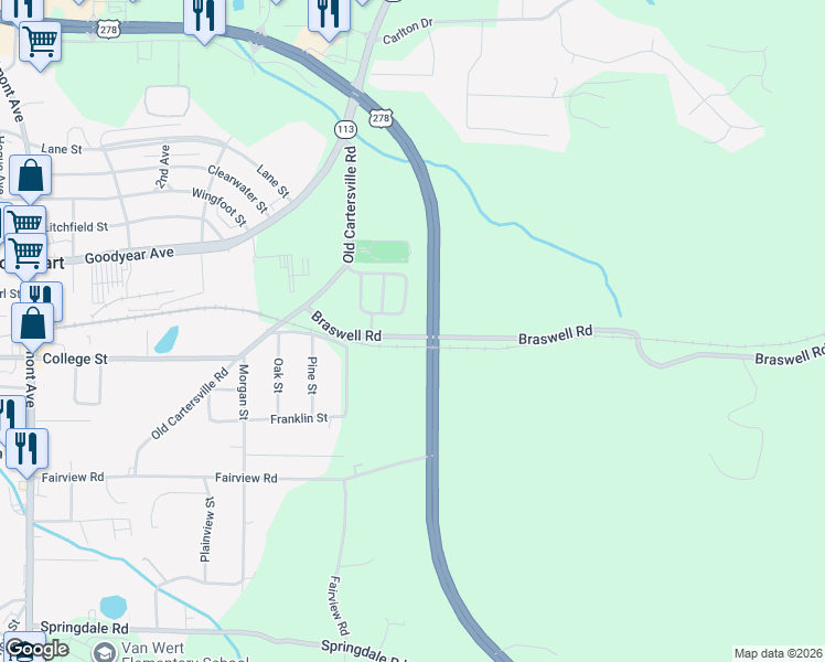 map of restaurants, bars, coffee shops, grocery stores, and more near 75 Braswell Road in Rockmart