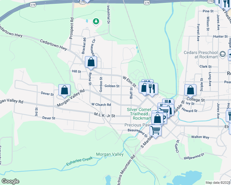 map of restaurants, bars, coffee shops, grocery stores, and more near 620 Smith Street in Rockmart