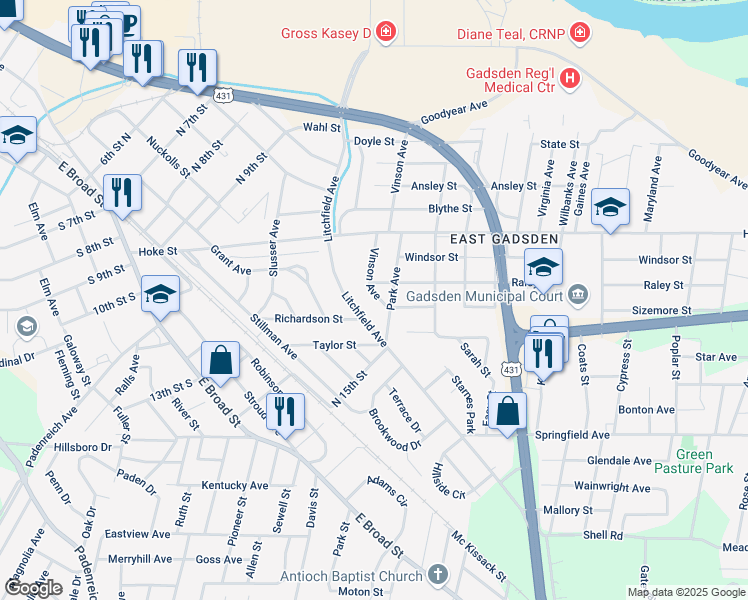 map of restaurants, bars, coffee shops, grocery stores, and more near 1309 Vinson Avenue in Gadsden