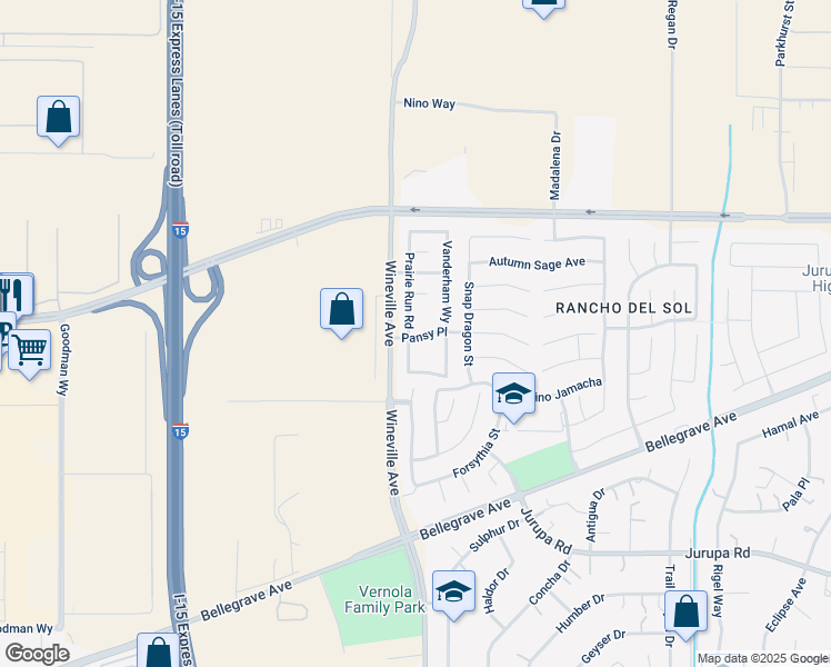 map of restaurants, bars, coffee shops, grocery stores, and more near 4916 Prairie Run Road in Jurupa Valley