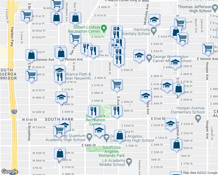 map of restaurants, bars, coffee shops, grocery stores, and more near 488 East 47th Street in Los Angeles