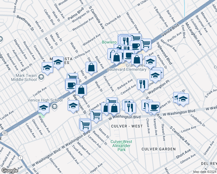 map of restaurants, bars, coffee shops, grocery stores, and more near 12601 Matteson Avenue in Los Angeles