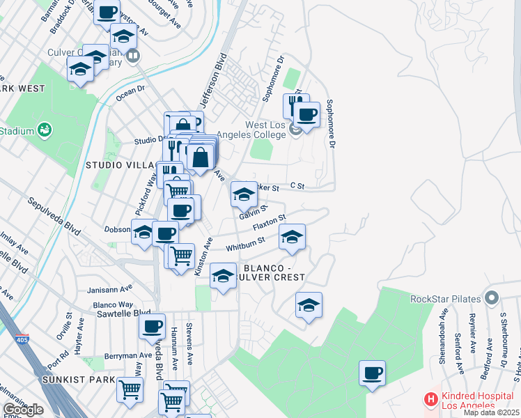 map of restaurants, bars, coffee shops, grocery stores, and more near 10753 Galvin Street in Culver City