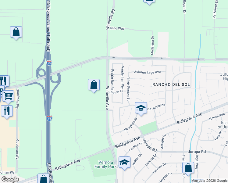 map of restaurants, bars, coffee shops, grocery stores, and more near 4911 Prairie Run Road in Jurupa Valley