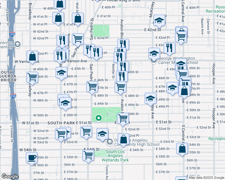 map of restaurants, bars, coffee shops, grocery stores, and more near 488 East 47th Street in Los Angeles