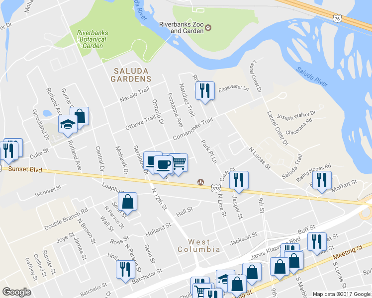 map of restaurants, bars, coffee shops, grocery stores, and more near 809 Fontanna Avenue in West Columbia