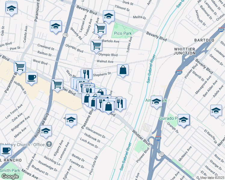 map of restaurants, bars, coffee shops, grocery stores, and more near 4880 Tobias Avenue in Pico Rivera
