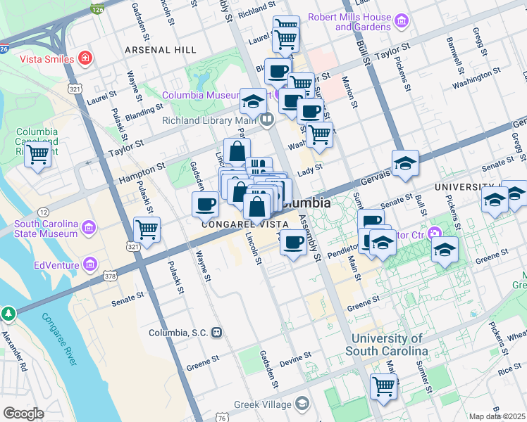 map of restaurants, bars, coffee shops, grocery stores, and more near 1001 Gervais Street in Columbia