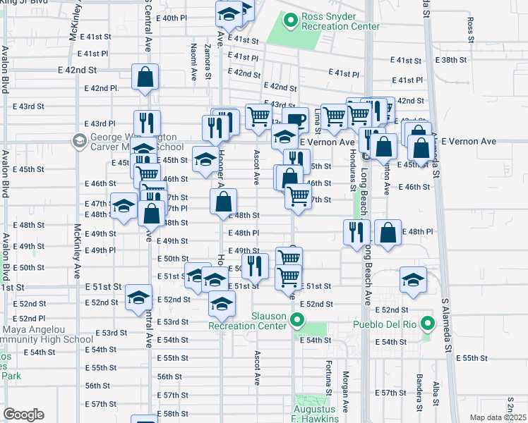 map of restaurants, bars, coffee shops, grocery stores, and more near 1415 East 48th Street in Los Angeles