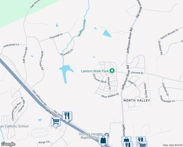 map of restaurants, bars, coffee shops, grocery stores, and more near 484 O'Conner Boulevard in Athens