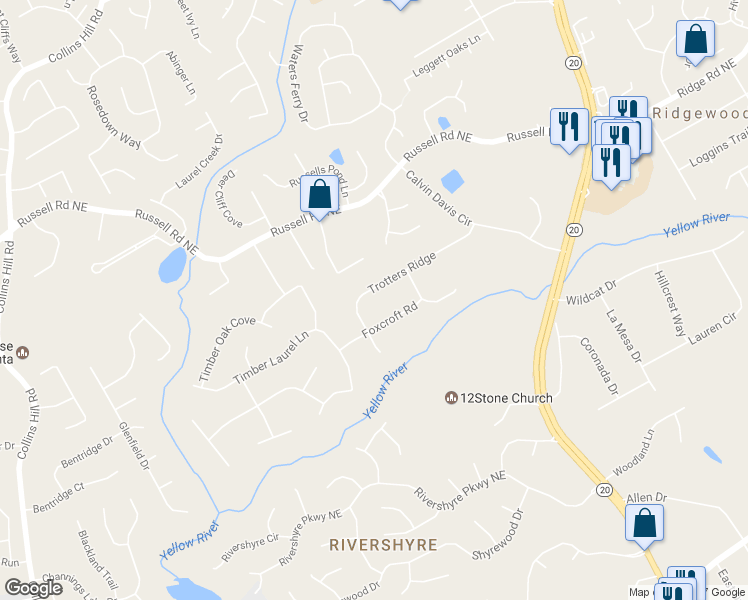 map of restaurants, bars, coffee shops, grocery stores, and more near 353 Trotters Ridge in Lawrenceville