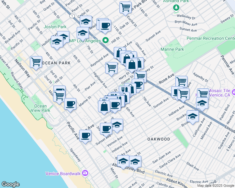 map of restaurants, bars, coffee shops, grocery stores, and more near 214 6th Avenue in Los Angeles