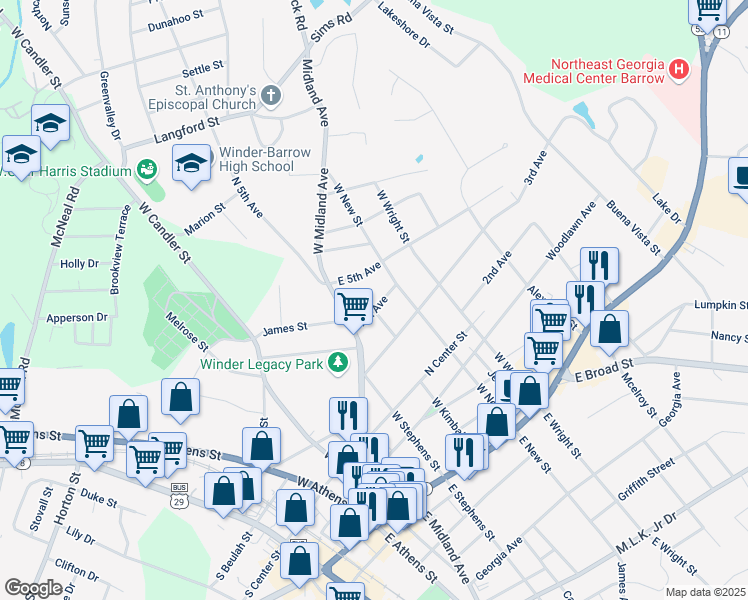 map of restaurants, bars, coffee shops, grocery stores, and more near 256 4th Avenue in Winder