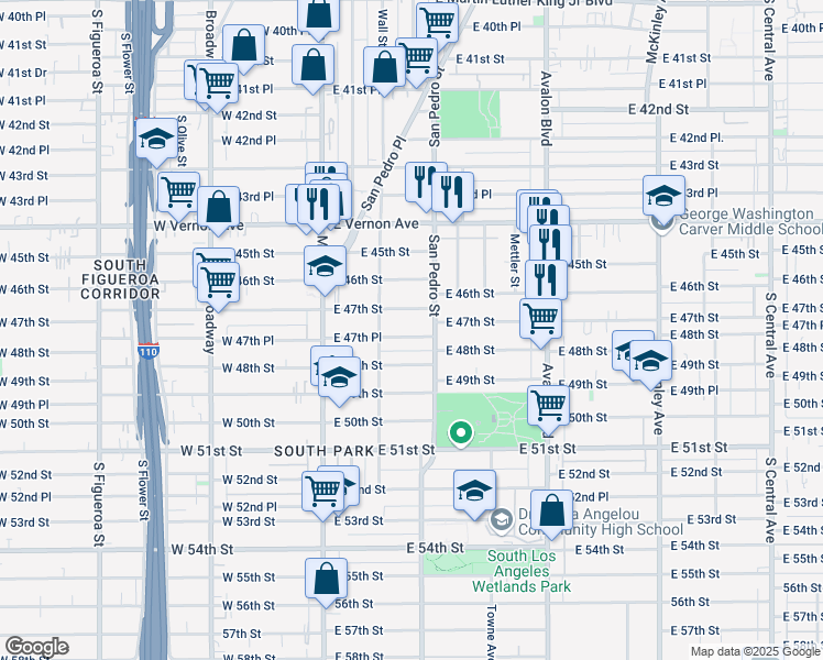 map of restaurants, bars, coffee shops, grocery stores, and more near 289 East 47th Place in Los Angeles