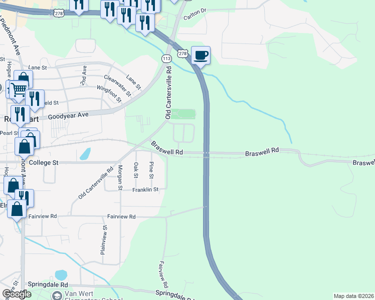 map of restaurants, bars, coffee shops, grocery stores, and more near 69 Braswell Road in Rockmart