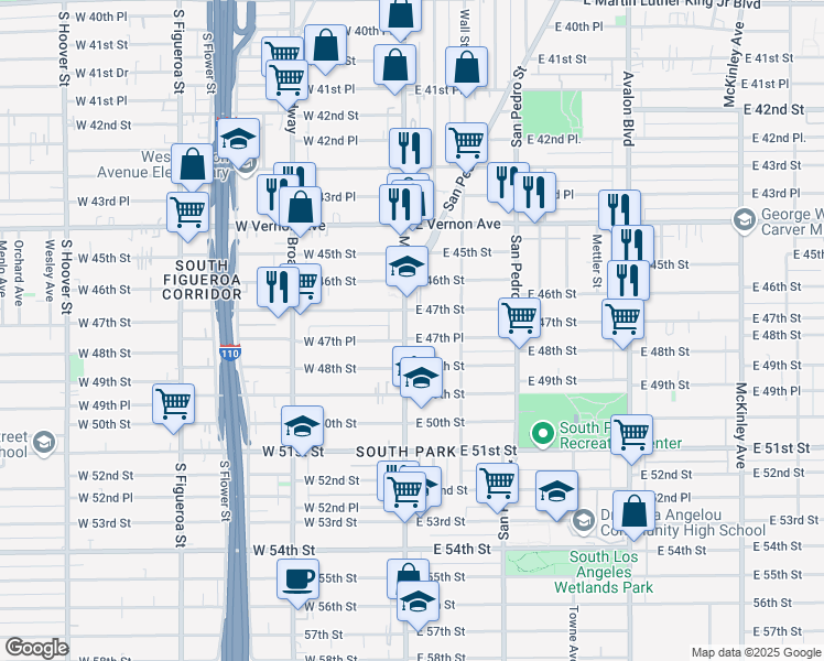 map of restaurants, bars, coffee shops, grocery stores, and more near 4724 South Main Street in Los Angeles