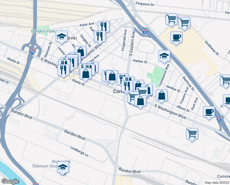 map of restaurants, bars, coffee shops, grocery stores, and more near 5506 East Washington Boulevard in Commerce