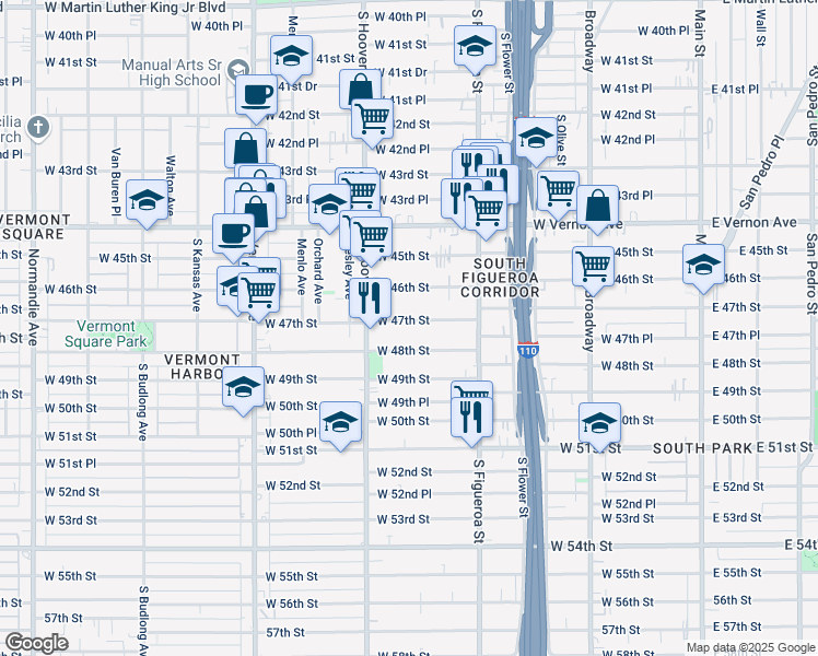 map of restaurants, bars, coffee shops, grocery stores, and more near 636 West 47th Street in Los Angeles