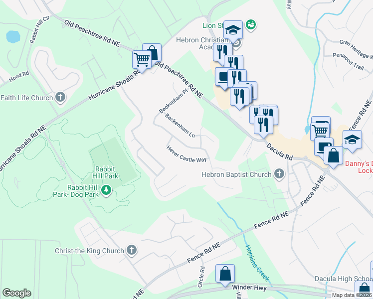 map of restaurants, bars, coffee shops, grocery stores, and more near 2150 Beckenham Place in Dacula