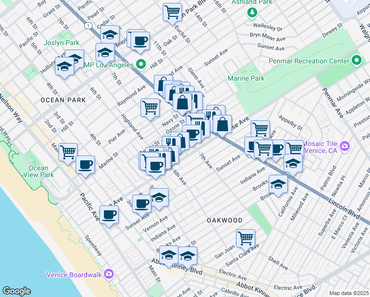 map of restaurants, bars, coffee shops, grocery stores, and more near 252 Bernard Avenue in Los Angeles