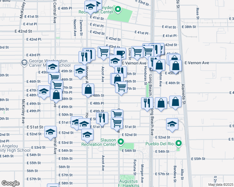 map of restaurants, bars, coffee shops, grocery stores, and more near 4725 Compton Avenue in Los Angeles