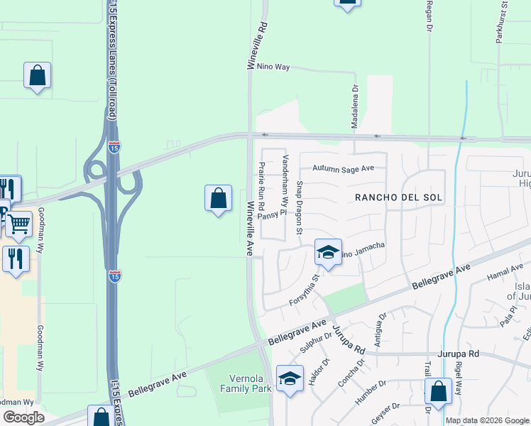 map of restaurants, bars, coffee shops, grocery stores, and more near 4916 Prairie Run Road in Jurupa Valley
