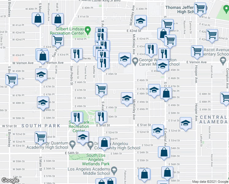 map of restaurants, bars, coffee shops, grocery stores, and more near 680 East 47th Street in Los Angeles
