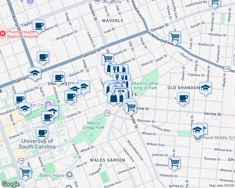 map of restaurants, bars, coffee shops, grocery stores, and more near 2009 Greene Street in Columbia