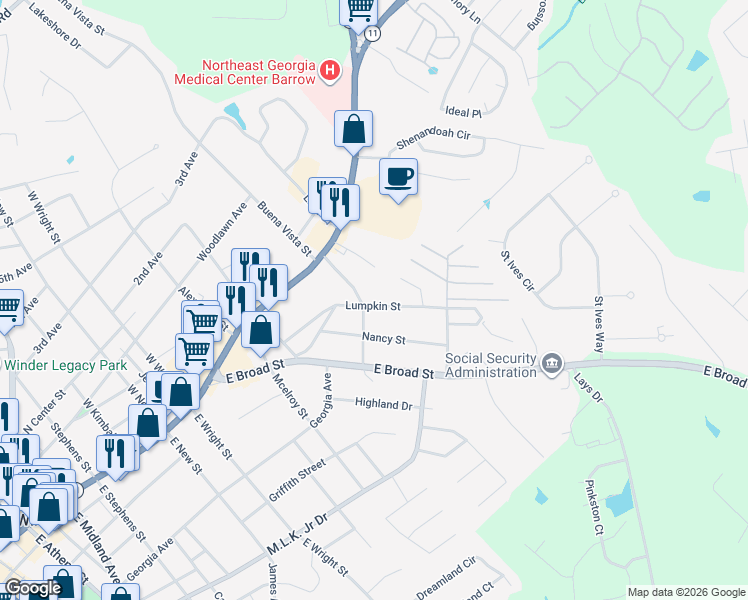 map of restaurants, bars, coffee shops, grocery stores, and more near 304 Lumpkin Street in Winder