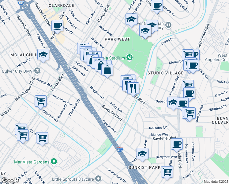 map of restaurants, bars, coffee shops, grocery stores, and more near 11233 Greenlawn Avenue in Culver City
