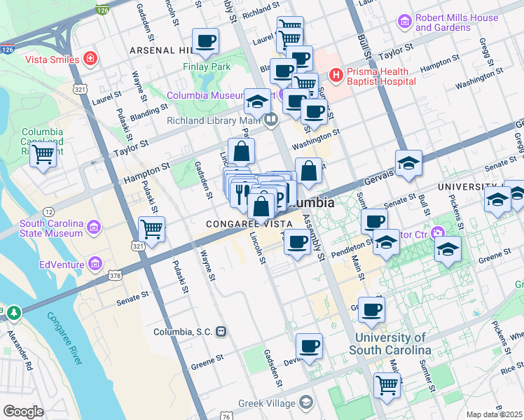 map of restaurants, bars, coffee shops, grocery stores, and more near 1001 Gervais Street in Columbia