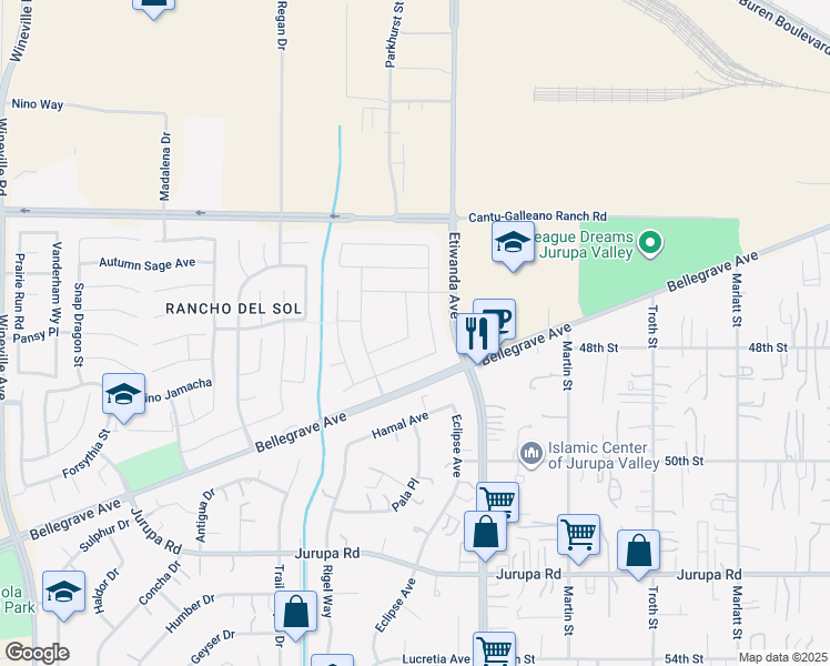 map of restaurants, bars, coffee shops, grocery stores, and more near 4787 Preston Street in Jurupa Valley