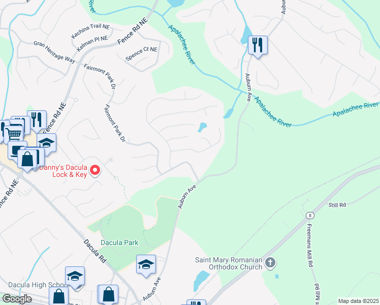 map of restaurants, bars, coffee shops, grocery stores, and more near 2869 Merrion Park Lane Northeast in Dacula