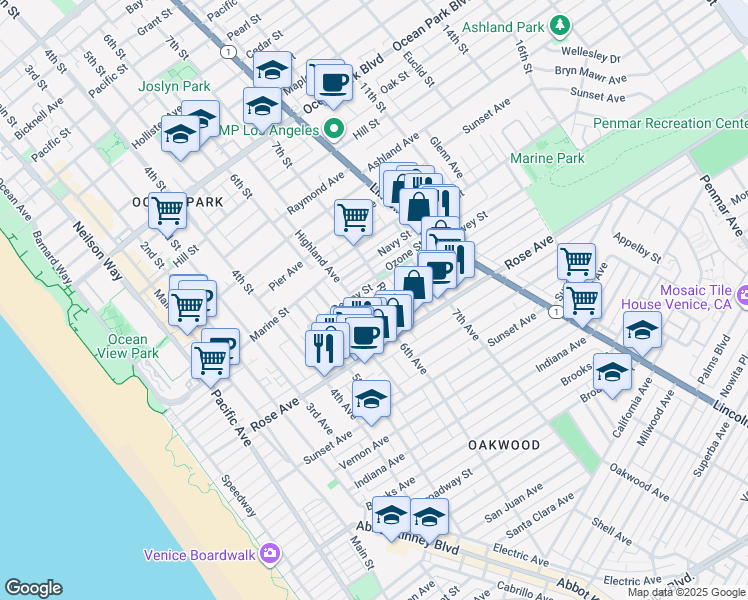 map of restaurants, bars, coffee shops, grocery stores, and more near 216 6th Avenue in Los Angeles