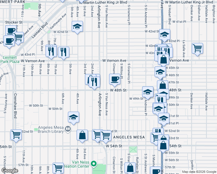 map of restaurants, bars, coffee shops, grocery stores, and more near 4716 South Van Ness Avenue in Los Angeles