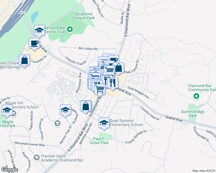 map of restaurants, bars, coffee shops, grocery stores, and more near in Diamond Bar