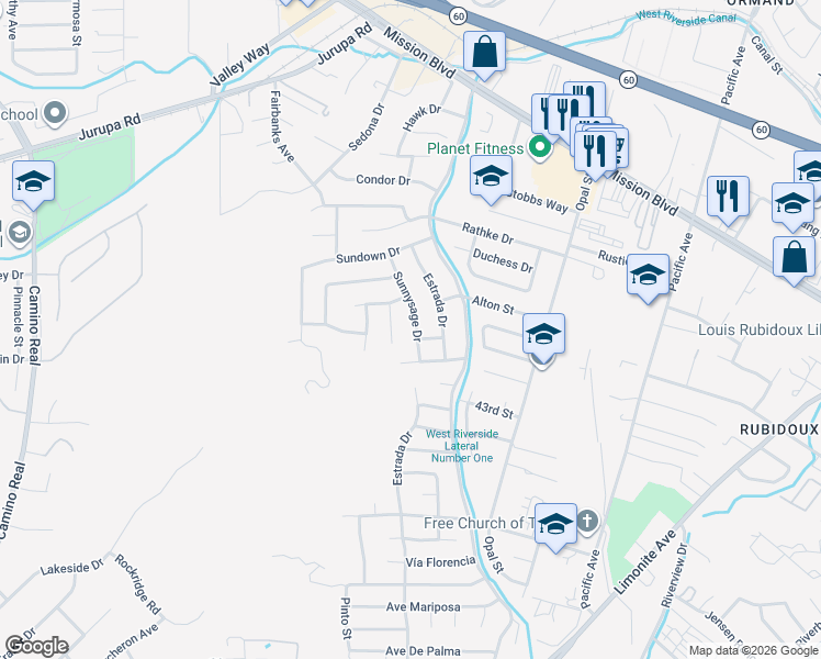 map of restaurants, bars, coffee shops, grocery stores, and more near 4183 Sunnysage Drive in Riverside