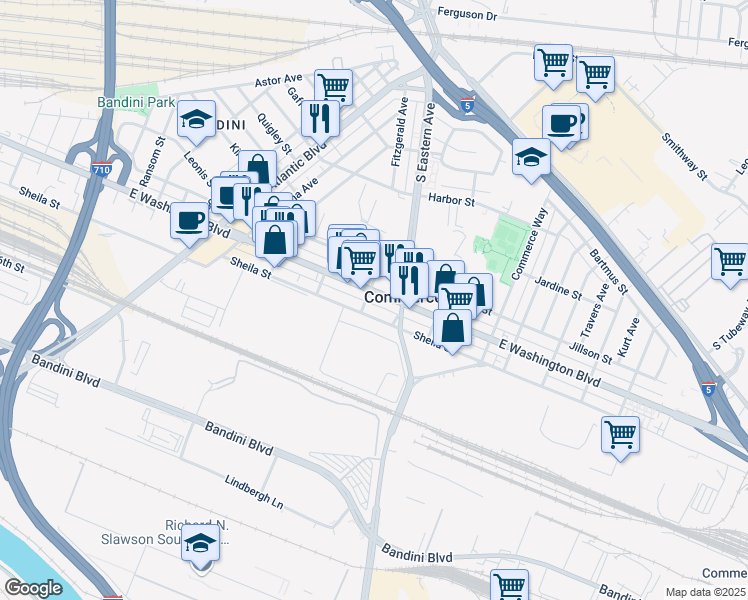 map of restaurants, bars, coffee shops, grocery stores, and more near 5506 East Washington Boulevard in Commerce