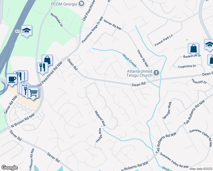map of restaurants, bars, coffee shops, grocery stores, and more near 1100 White Birch Way in Lawrenceville