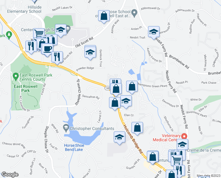 map of restaurants, bars, coffee shops, grocery stores, and more near 2579 Holcomb Bridge Road in Alpharetta