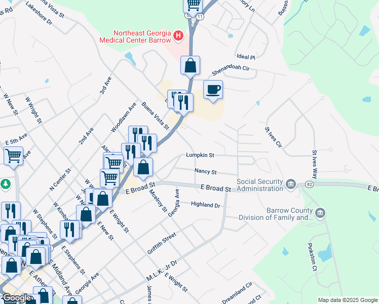 map of restaurants, bars, coffee shops, grocery stores, and more near 292 Lumpkin Street in Winder