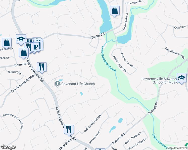 map of restaurants, bars, coffee shops, grocery stores, and more near 341 Natalie Drive in Lawrenceville