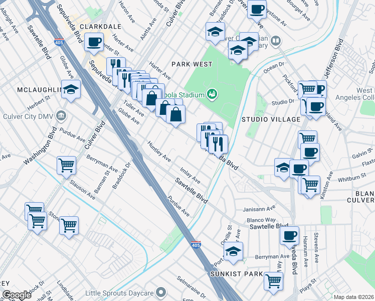 map of restaurants, bars, coffee shops, grocery stores, and more near 11233 Greenlawn Avenue in Culver City