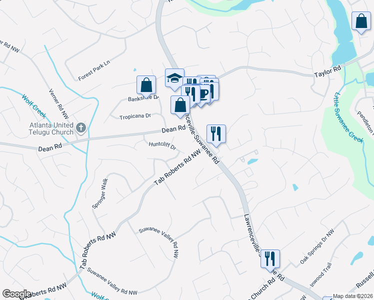 map of restaurants, bars, coffee shops, grocery stores, and more near 1931 Huntcliff Drive in Lawrenceville