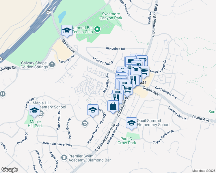 map of restaurants, bars, coffee shops, grocery stores, and more near 23080 Montefino Avenue in Diamond Bar