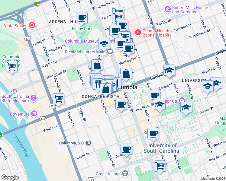 map of restaurants, bars, coffee shops, grocery stores, and more near 1001 Gervais Street in Columbia