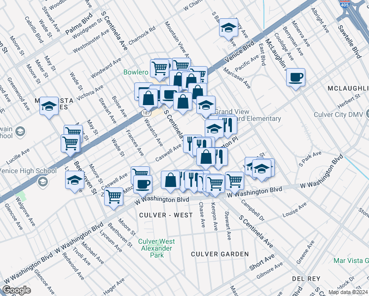 map of restaurants, bars, coffee shops, grocery stores, and more near 3961 South Centinela Avenue in Los Angeles