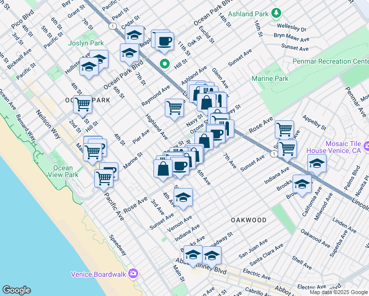 map of restaurants, bars, coffee shops, grocery stores, and more near 214 6th Avenue in Los Angeles